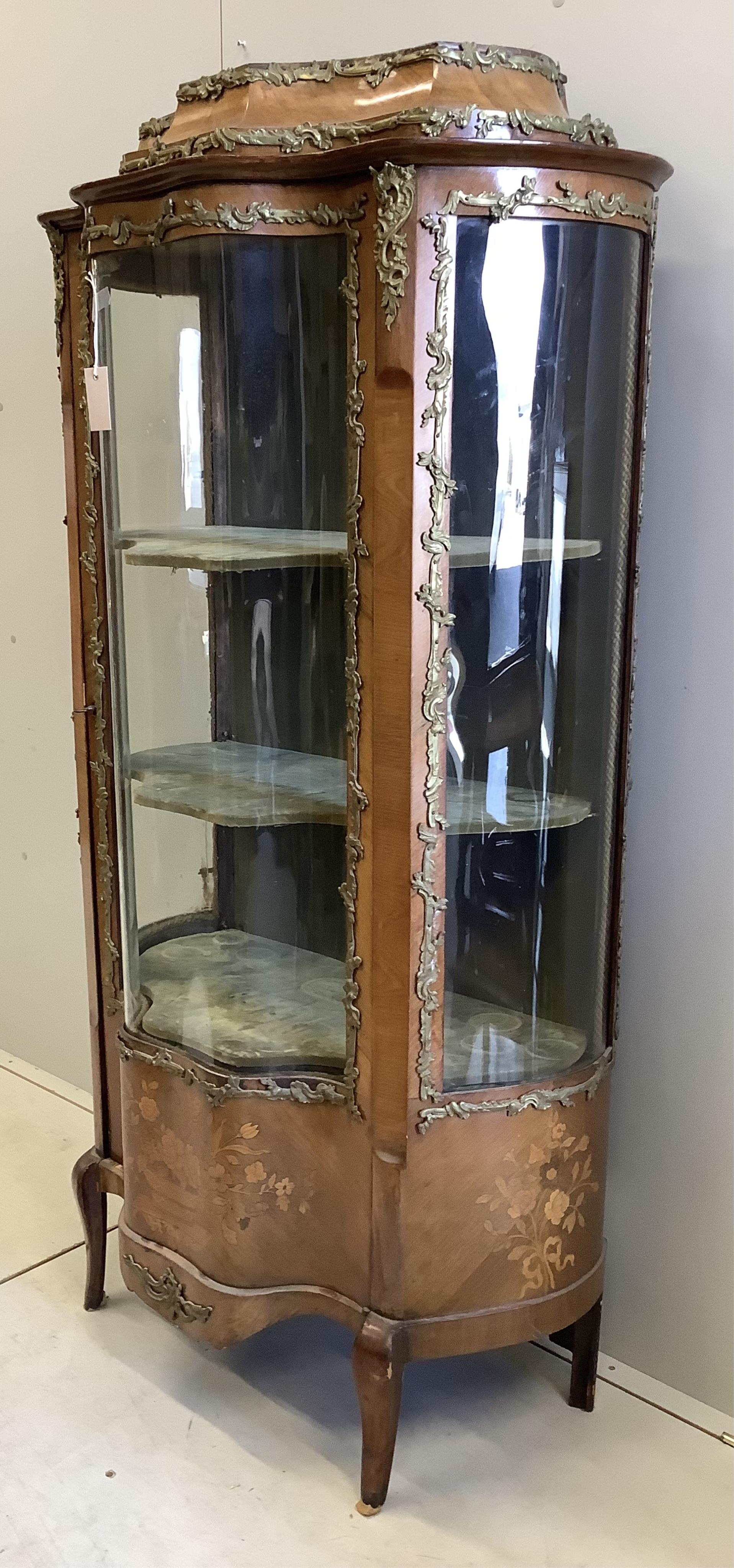 A late 19th century Louis XV style gilt metal mounted marble top marquetry inlaid mahogany vitrine, width 90cm, depth 45cm, height 164cm